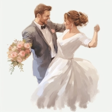 watercolor, drawing, illustration of the bride and groom, the bride is slightly overweight, the bride has a short haircut, laughing, wedding dance, holding a bouquet, flowers, clipart, high resolution image, detailed image, photorealistic, 3D, 4K