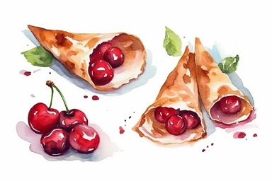 4 watercolor cherry crepe clipart, HD, isolated white background, spaced out