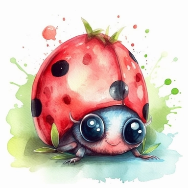 a Cute Lady Bug watercolor Clipart sublimation clipart graphic, full body, clipart, sticker, a single picture, cartoon style, highly detailed, 8k, one image in the frame--no text in the picture--