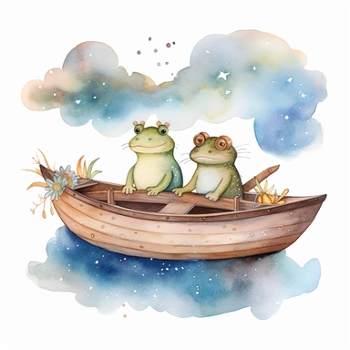 cute Cottagecore frog and toad in a boat on a pond with celestial accents, Clipart, watercolor, white background with margins