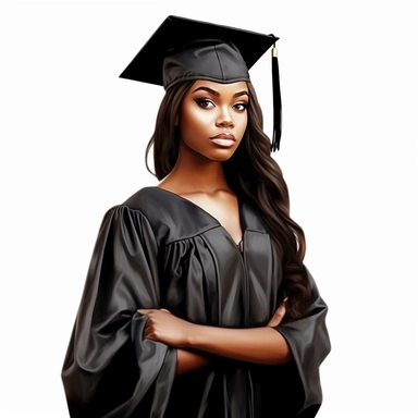 beautiful black queen graduate, clipart, straight hair, light skinned, wearing a black cap and black gown, white background