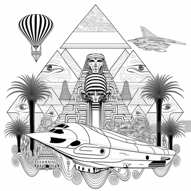 Spaceship, combine Mexican and Egyptian pyramides 5b887445-1ac4-44a1-97ca-12fa2278b91f , Contour Drawing, surreal fantasy abstract drawing, texture. 2D, symmetric, in the style of line art coloring page, black and white, vector drawing style, clipart, white background