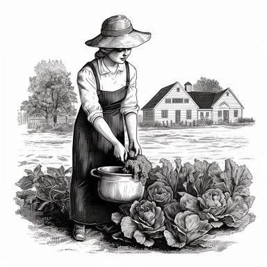 ntique engraving illustration, female farmer using natural fertilizers in the vegetable garden, bucket with earth, black and white, clip art isolated, on white background