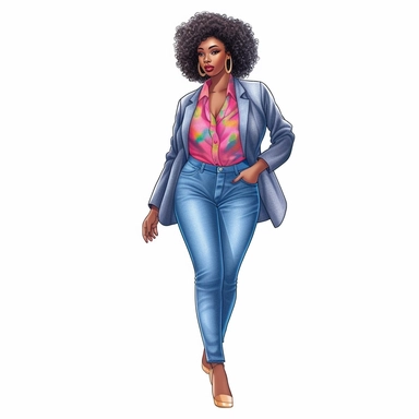 realistic illustration of a beautiful plus size african american woman wearing jeans, white crop-top and a bold blazer in vivid color, afro hair, beautiful earrings, perfect make-up, full body visible, self-confident, clipart, isolated on white background