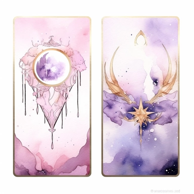 Tarot Cards, in the style of watercolor illustrations, pink and gold, soft lilac, magical and mystical, galaxy elements, modern minimal watercolor, on white background, clipart