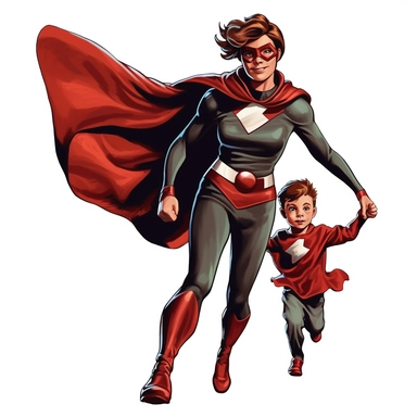 a comic-style, clipart image (floating image), full body image of a mother and child duo where the child is the superhero's sidekick, wearing super suits