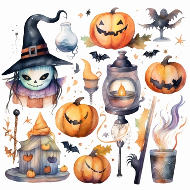 halloween watercolor clipart, isolated on white background, happy halloween party theme