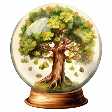 watercolor clipart a chestnut tree in a beautiful glass globe with a wooden base