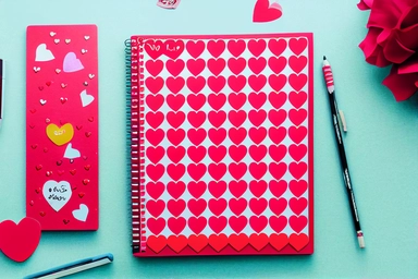 Valentine's day planner sticker set with love theme clipart and quotes. Red and pink diary decoration with hearts, birds, lips, kiss, washi tape pieces, notebooks and romantic phrases. .highly detailed, realistic, photo realistic, octane render, 4K, 8K, UHD, hyper detailed