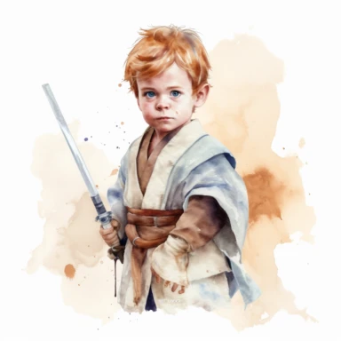 young boy obi van kenobi, star wars movie character, watercolor clipart