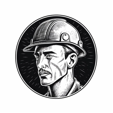 worker hard hat , vintage, logo, clean, solid color, black and white color, clip art style, vector style, white background