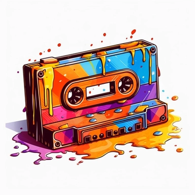 Cute Beautiful Retro 90s Color Melting cassette tape Sublimation Clipart, Cartoon, hyper realistic, intricate detail, illustration style, high solution, on the white background