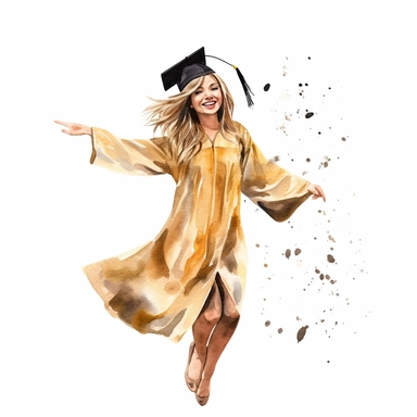 create a hand drawn watercolor clipart of girl in gown throwing graduation cap, white background, 4k