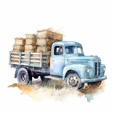 side view realistic watercolor drawing of bales of hay on a vintage light blue truck on a farm, on a white background where the background will be removed to repurpose as a clipart.