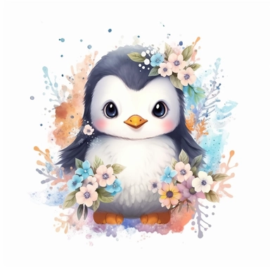 Cute floral illustration, realsitic adorable penguin swimming happy clipart, nursery style clipart, Nursery Animals Art, Kids Wall Art, Kids Room Decor, Baby Room Decor, isolated on white, ultra - detailed, high quality, ghibli style, award winning