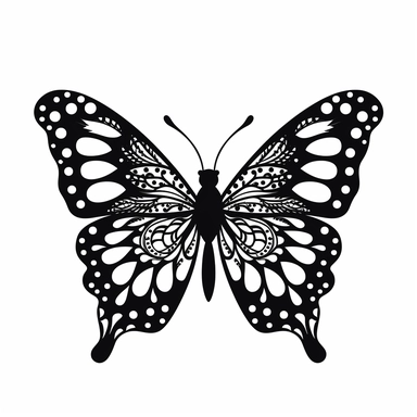 butterfly black silhouette with white highlights on white background, flat svg clipart style, high quality, details