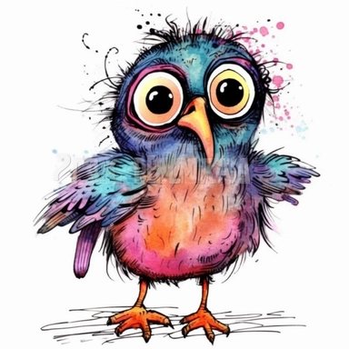 Funny colorful cartoon bird like a pompon clipart with big beautiful eyes and long beautiful legs, distinct fine details, watercolor technique, black contour lines