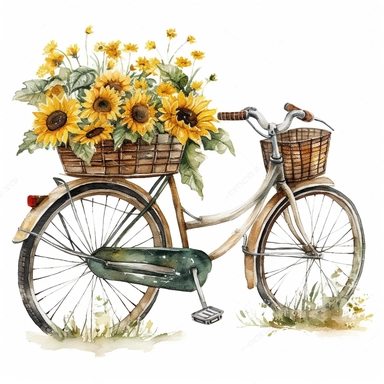 clipart of beautiful watercolor sunflowers on s country bicycle with a basket, bold and details, white background