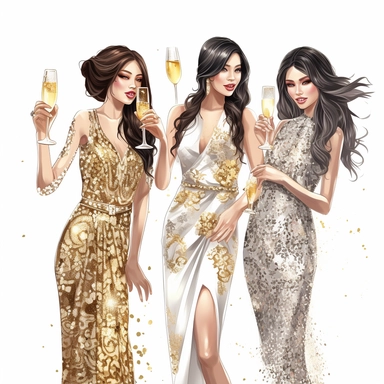 Glamour Party, Fashion, Illustration, Asian girls, Best Friends, clipart, very detailed, white background