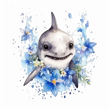 cutest little nursery shark with big eyes, full body, pen and ink with watercolor, seaweed, jelly fish, little fish, pearlescent horn, sparkles, glittery, clipart sheet, nurseycore