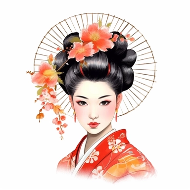 watercolor, white background, clipart, watercolor, white background, ultra-realistic and hyper-detailed clipart, 2d animation style, very beautiful confident Elegant geisha wearing a traditional hairpin (kanzashi)