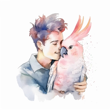 Adorable pet Cockatoo having happy moment with it's human owner, water color style, clipart, white background