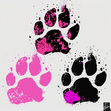 Design a sequence of panda paw prints clipart using only the colours neon pink, black, and white, traversing across a plain white background, from left to right. The paw prints should exhibit a beautiful watercolor style, with the edges in a vibrant neon pink that subtly transitions into soft white towards the center, enhanced with slight black accents.