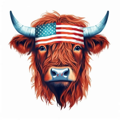 Highland cow face with 4th of july American flag Sublimation Clipart, Cartoon, high detail, illustration style,on white background