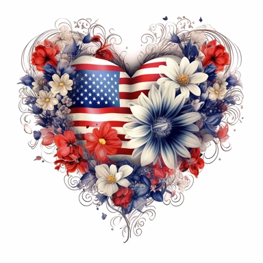 realistic illustration, heart clipart with floral decoration, with colors of the united states flag, july 24th, high definition embedded details, white background,