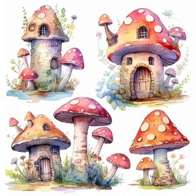 Watercolor Fantasy Mushrooms Clipart pastel watercolor fairy toadstool house
