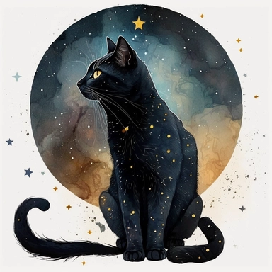 a sitting skinny pagan black cat in front of big starry sky portret, clipart, moon, watercolors, white background, stars, planets, galaxy, magical, ornaments, little golden stars, full body, pictorial space, sparky, golden glitter, oraneg eyes, use Cool Color Palette