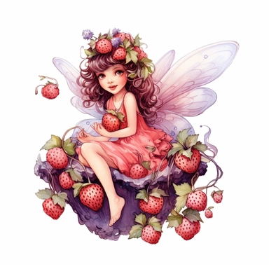 hand drawn cute fairy flying with a basket of strawberries, with blossoms, coquette style, glamorous, watercolor, white background with margins, clipart style