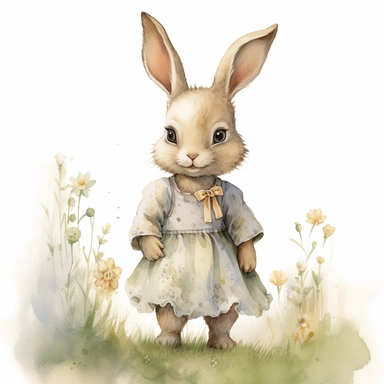 watercolour clipart illustration of cute shy modest baby bunny looking to the left wearing beautiful detailed cute big dress, standing in woodlands background on grass with flowers on white background, in the style of hyper-realistic animal illustrations, i can't believe how beautiful this is, childlike illustrations, close up, earthy tones