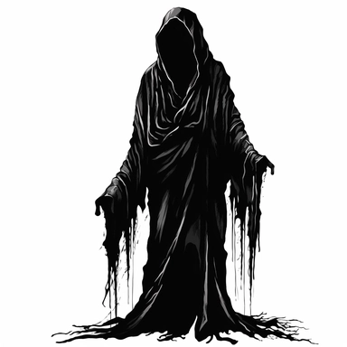 DEATH APPARENT IN BLACK CLOTHES WITHOUT A FACE SCARY CLIPART ON A WHITE BACKGROUND