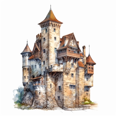 isolated images, illustrations on a white background, realistic medieval castle, Clipart, watercolor, realistic, isolated, full building, highly detailed, hdr, 32K, photo expert quality, watercolor realistic, hyperrealistic and highly detailed, isolated on a white background