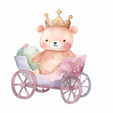watercolor clipart, adorable knitted kawaii royal baby bear on royal buggy, baby nursery, 8k, hd, isolated on a white background