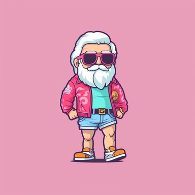 Create a minimalistic vector illustration of Santa Claus in a doodle style, resembling a clip art character. Give him an 80s Miami vibe with aviator sunglasses, a Hawaiian shirt, and a gold nickel chain. The illustration should feature Santa Claus as a full body figure against a plain white background. Use a vector style similar to the Pink Panther cartoon, with simple outlines and a minimalistic technique. Limit the color palette to just three colors for a bold and eye-catching effect