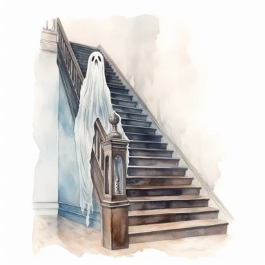 hand drawn ghost floating on stairs of a Victorian mansion, ghost is glowing and almost sheer, spooky but cute, very detailed and realistic, watercolor, white background with margins, clipart style
