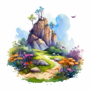 Create One clipart inspired by rocks on hill: The clipart exudes a cozy ambiance, with a sense of warmth and tranquility. , discovering its secrets and.cozzy watercolor style. in 4K. so it can be used in fantasy books. beautifull coloring