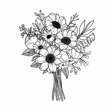 vector illustration, hand drawn, elegant floral bouquet with sunflowers, silhouette, outline svg, clipart, sunflower wedding bouquet, all white background