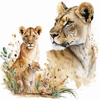 Mum & baby Animals Watercolor, Baby Animals, Lioness and lion cub, watercolor clipart, Tropical, Africa, African Animals, watercolor clipart, baby shower, transparent background, png, high detail, 8k - d, 32k