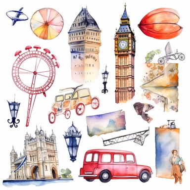 watercolor london touristic and iconic symbols , illustrations clipart set, simple, , cartoon elements ,different variants , black cabs, ferris wheel, , buckingham palace, st paul's cathedral, Nelsons Column, Westminster Abbey, separate elements with a margin