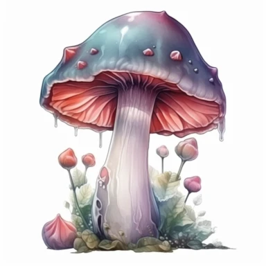 illustration of a mushroom, watercolor art, cartoon artstyle, magical color palette, clipart, isolated on a white background, very high quality, 8k