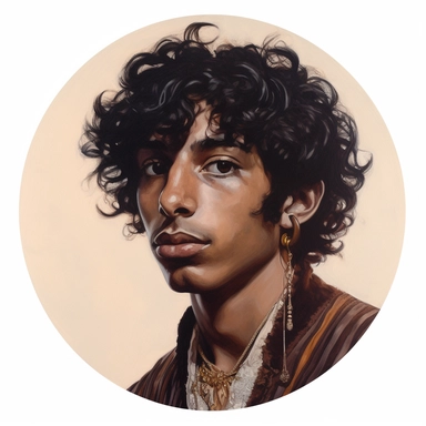 Martin Johanna's painting depicting a young African-American Persian boy cool regency orientalism noble caricature Finn Wolfhard Nicholas Hoult, Amoako Boafo Mad Max Lord of the Rings, handpainted punk zine indie retrowave film poster, clipart illustration, circle white background, circular border
