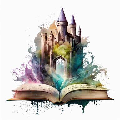 Clipart, Mythical Watercolor Castle Emerging from an Open Book, no background, hd
