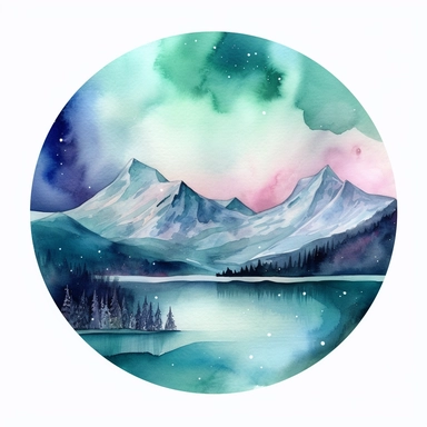 A frozen landscape with snow-capped mountains, icy lakes, and shimmering auroras dancing in the sky. in Aquarel style, clipart, White background, q2 Niji 5