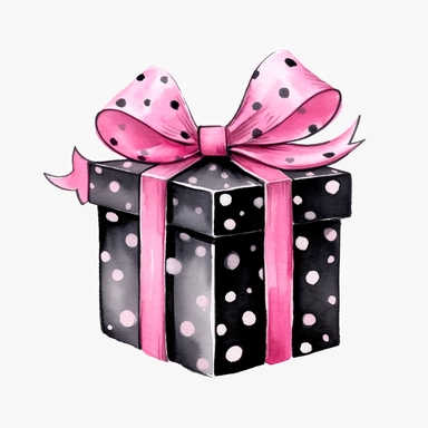Watercolor pink and black birthday gift drawing, illustration clipart, high detailed, white background, digital art
