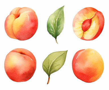 watercolor four Peach fruits clipart, flat style, no volume, few details, washed out, minimalistic style, very lose details, very light colors, transparent colors, light airy hues and pastel tones, spaced out, white background, washed out colors and paint, hand-painted watercolor, watercolor spray, watercolor splash, splatters and paint smudges on top of each Peach, watercolor paper with visible rough paper texture, a variety of watercolor brushes, do not cross workspace borders, rough watercolo