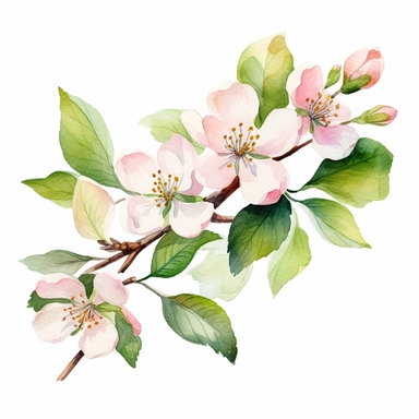 branch of apple tree with flowers and green leaves, watercolor clipart