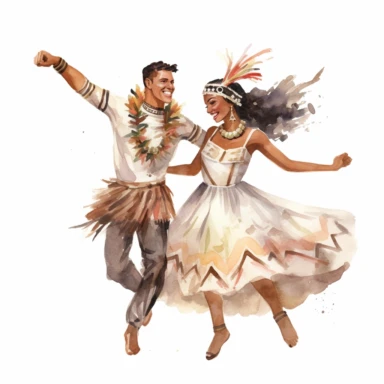 Indigenous bride and brown-skinned groom, dancing joyfully at the wedding party, lively and spirited, watercolor, Pixar style, Clipart on a white background.